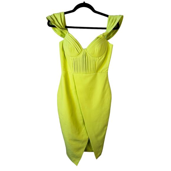 Lavish Alice New Pleated Bardot Midi Dress Bodycon Lime Green Size 4 Party Retro - Picture 3 of 15